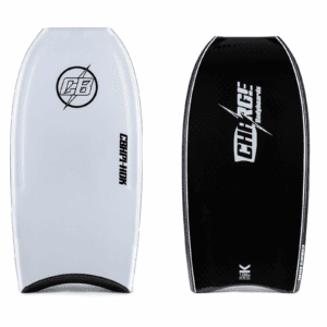 Front and back views of a sleek bodyboard with black and white designs.