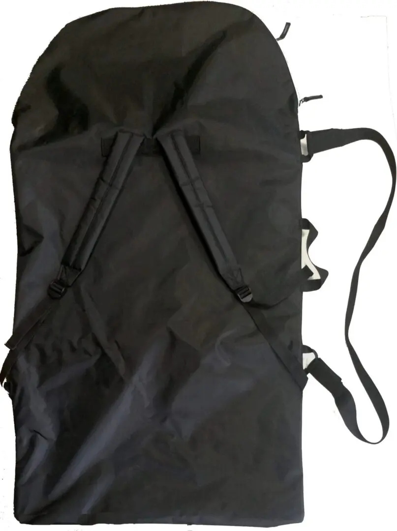 Black backpack with multiple adjustable straps and buckles.