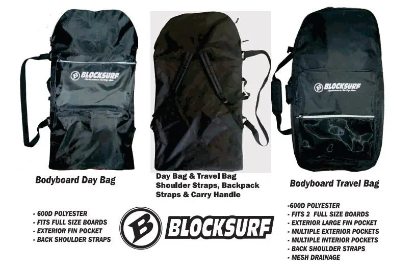 Black Blocksure bodyboard bags with straps and compartments.