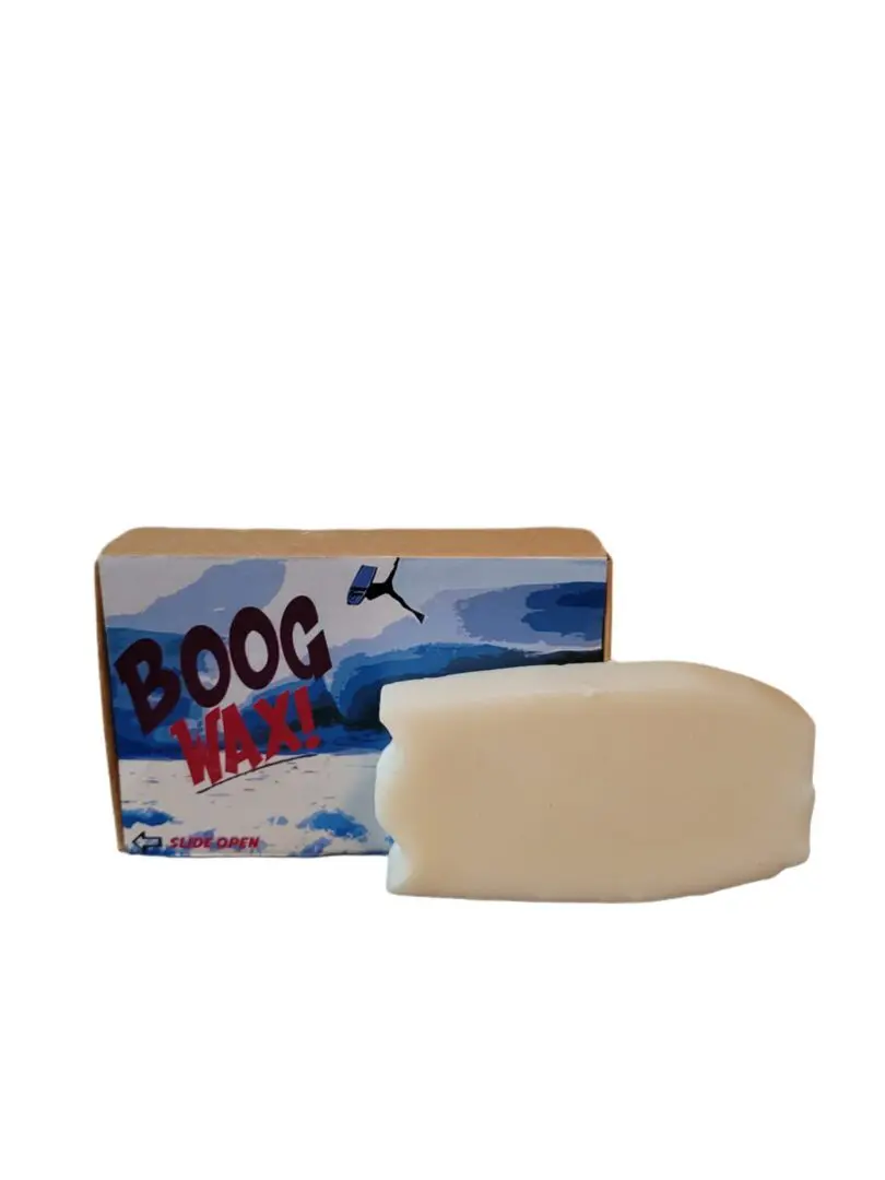 A bar of white soap with a blue and white box labeled 'BOOG'.