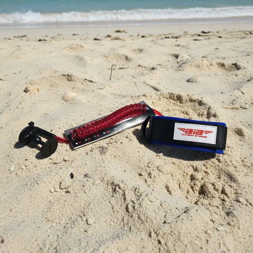 Red coiled surf leash resting on sandy beach