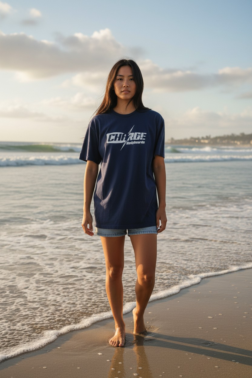 Woman in navy shirt walking on beach