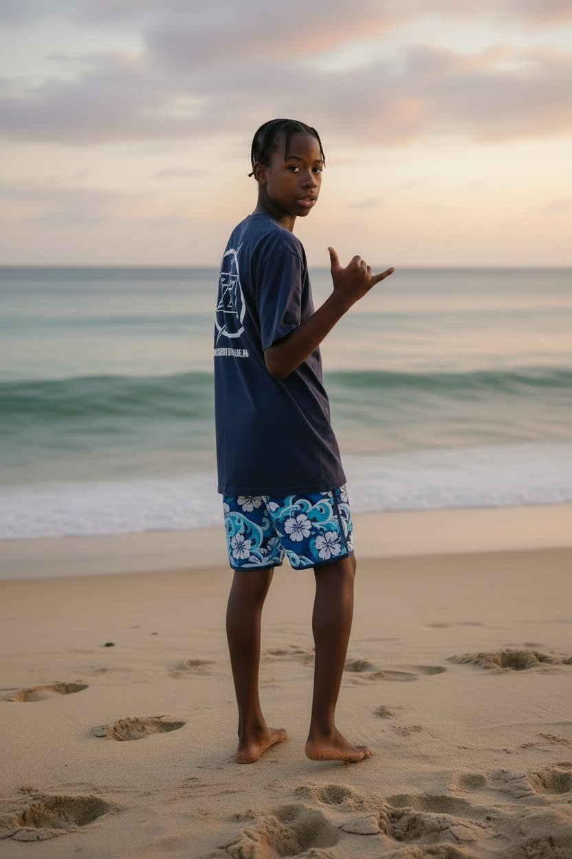 Boy in floral shorts on beach at sunset