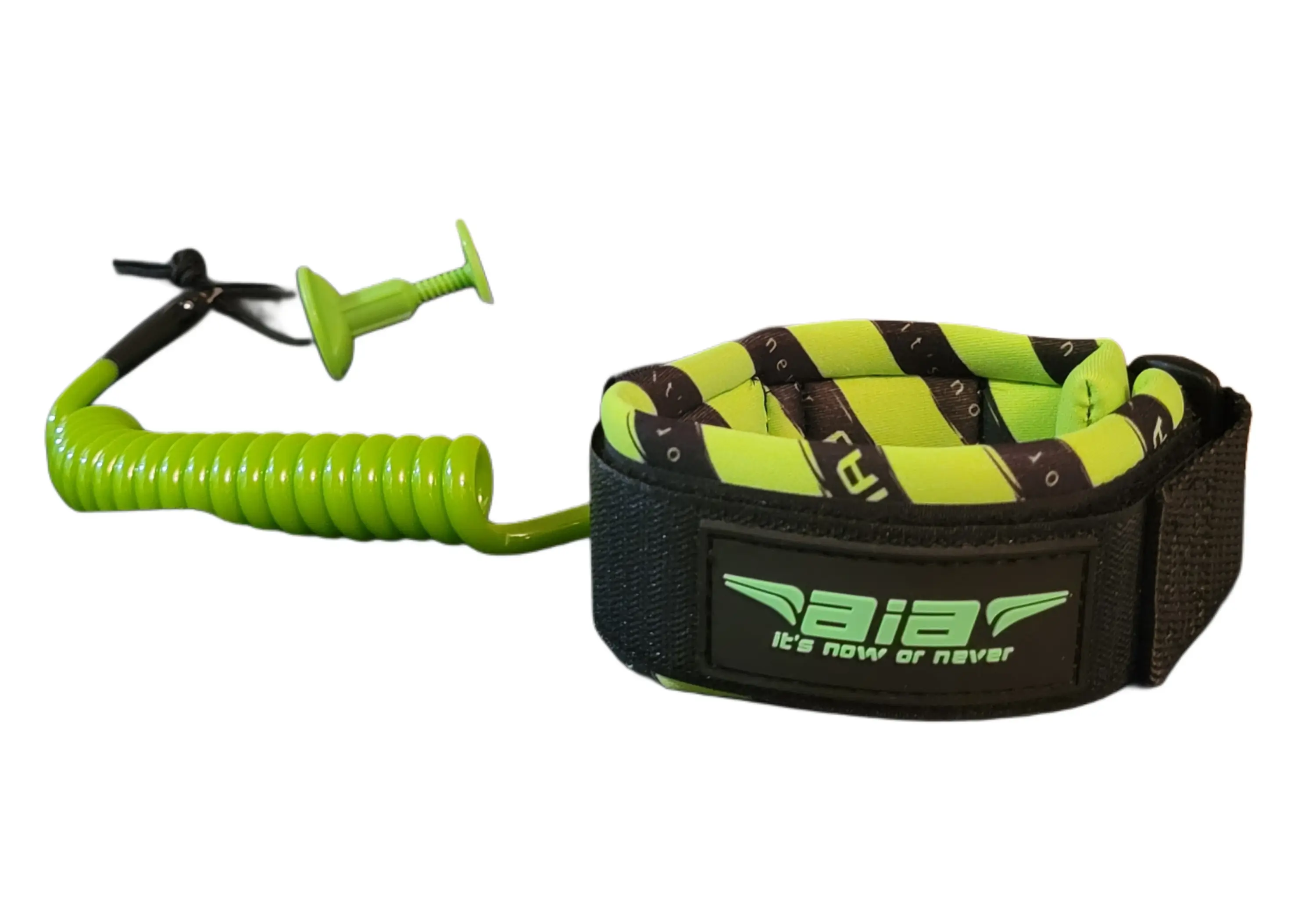Green and black surfboard leash with coiled cord.