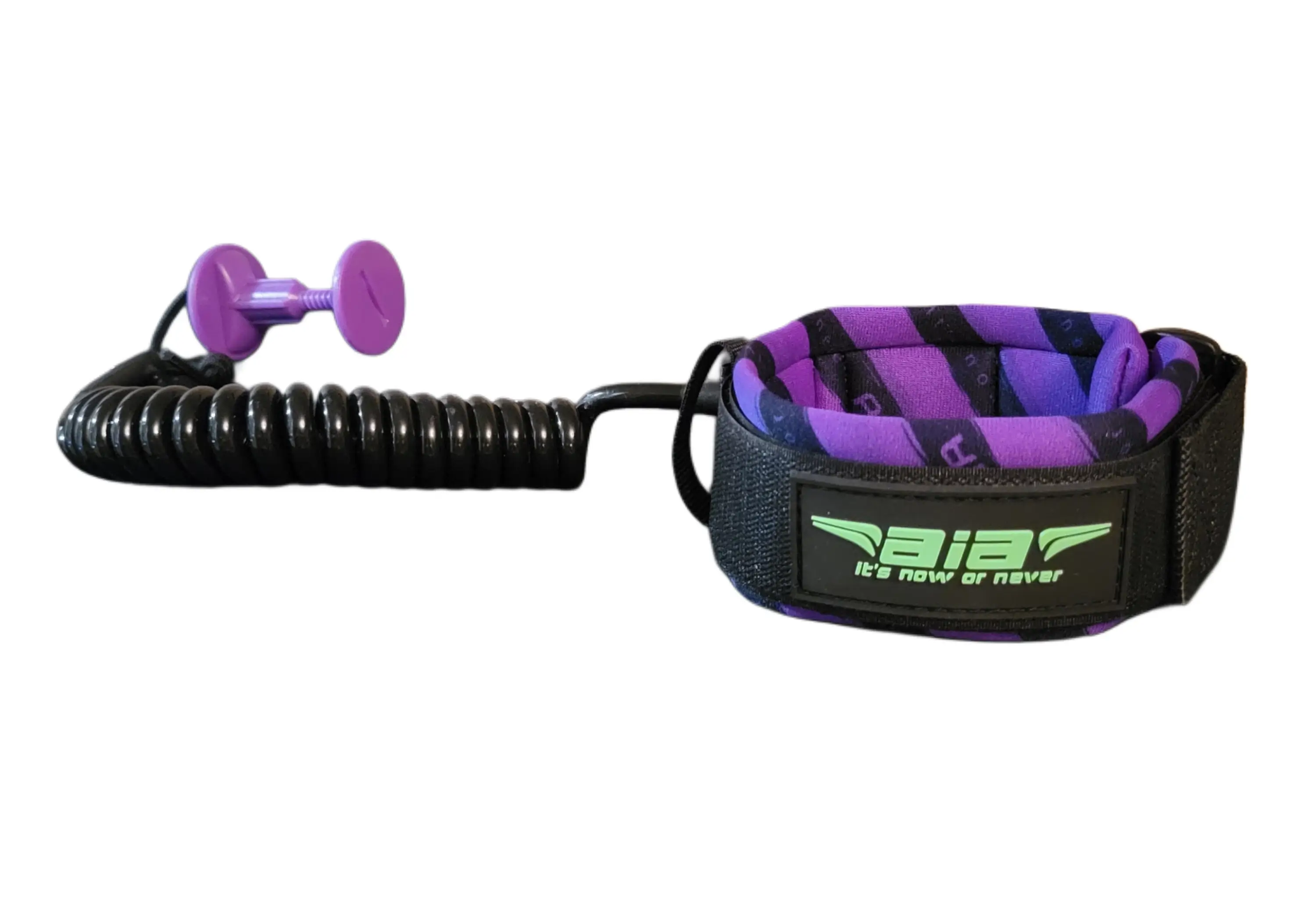 Purple and black surfboard leash with coiled cord and ankle strap.