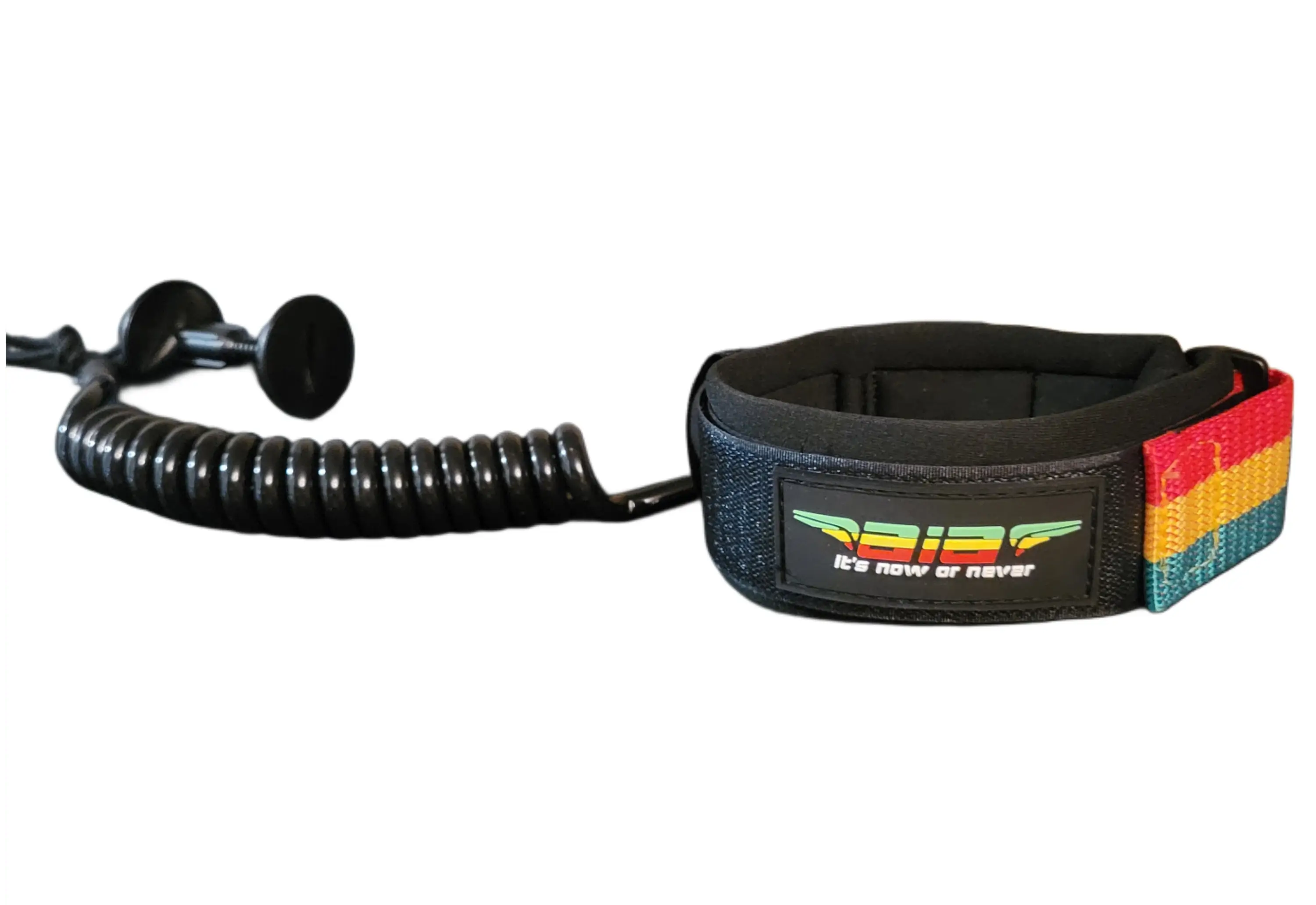 Coiled leash attached to a padded ankle strap for water sports.