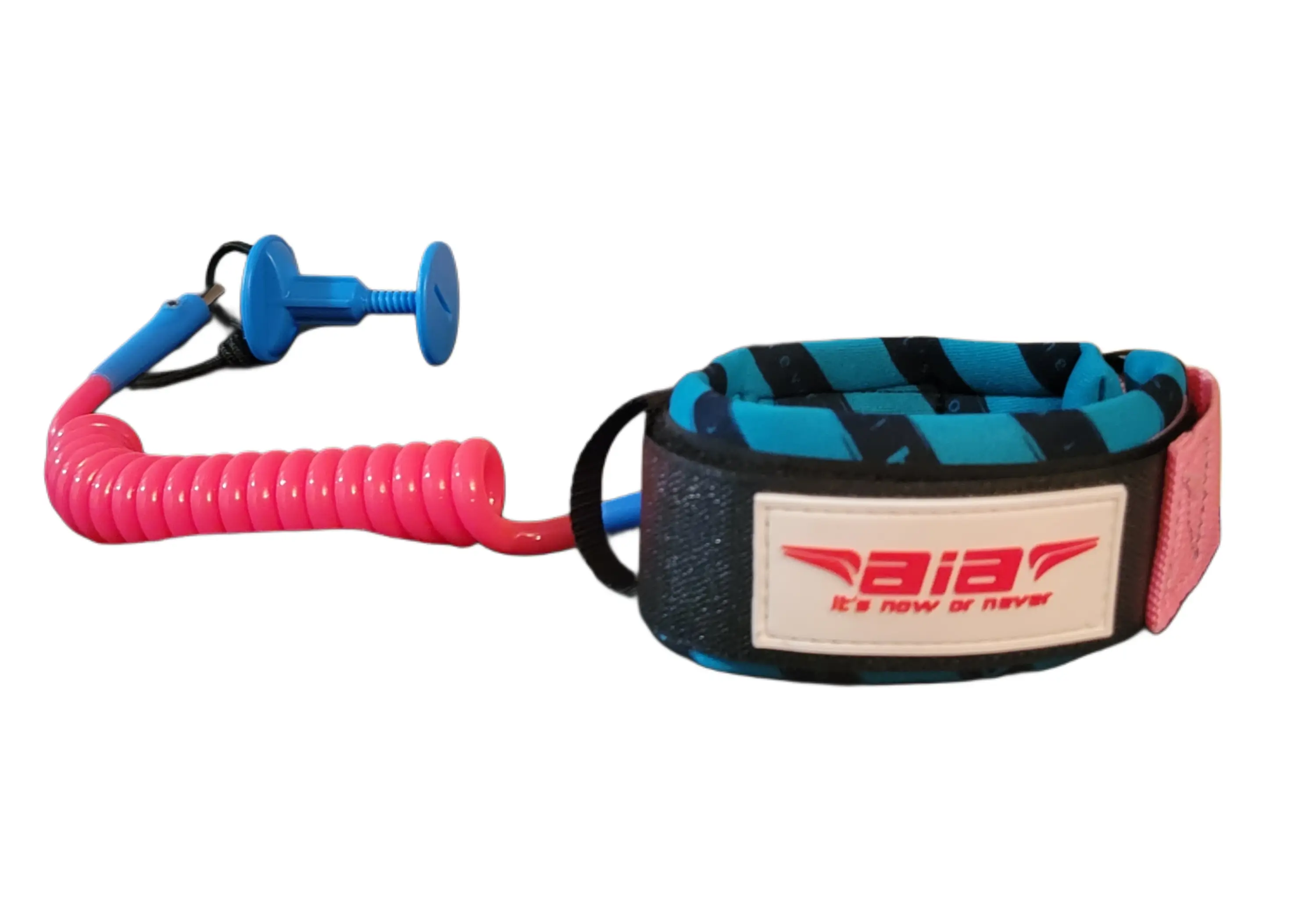 A surfboard leash featuring a coiled cord and ankle strap.
