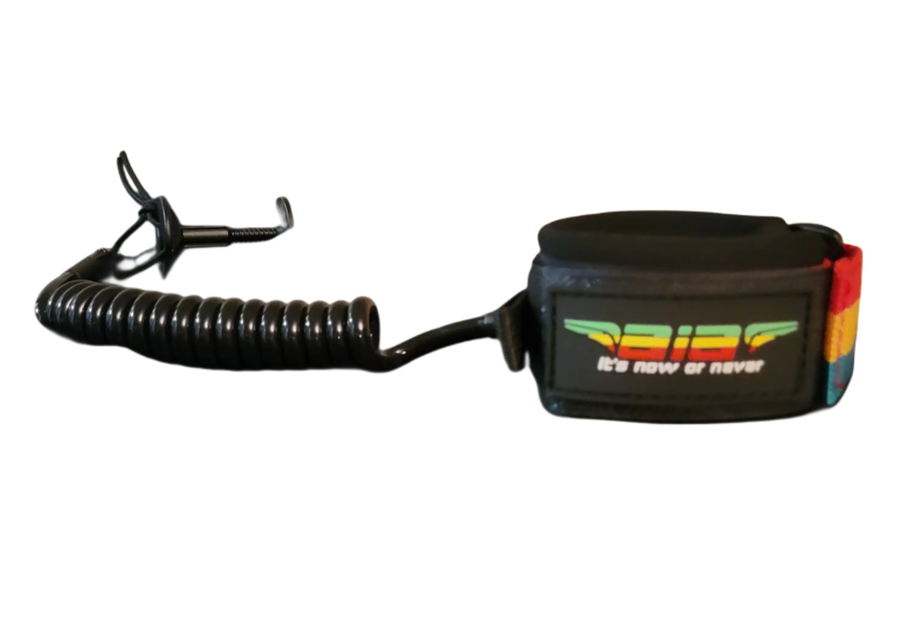 Coiled cord with a black electronic device featuring a colorful logo.