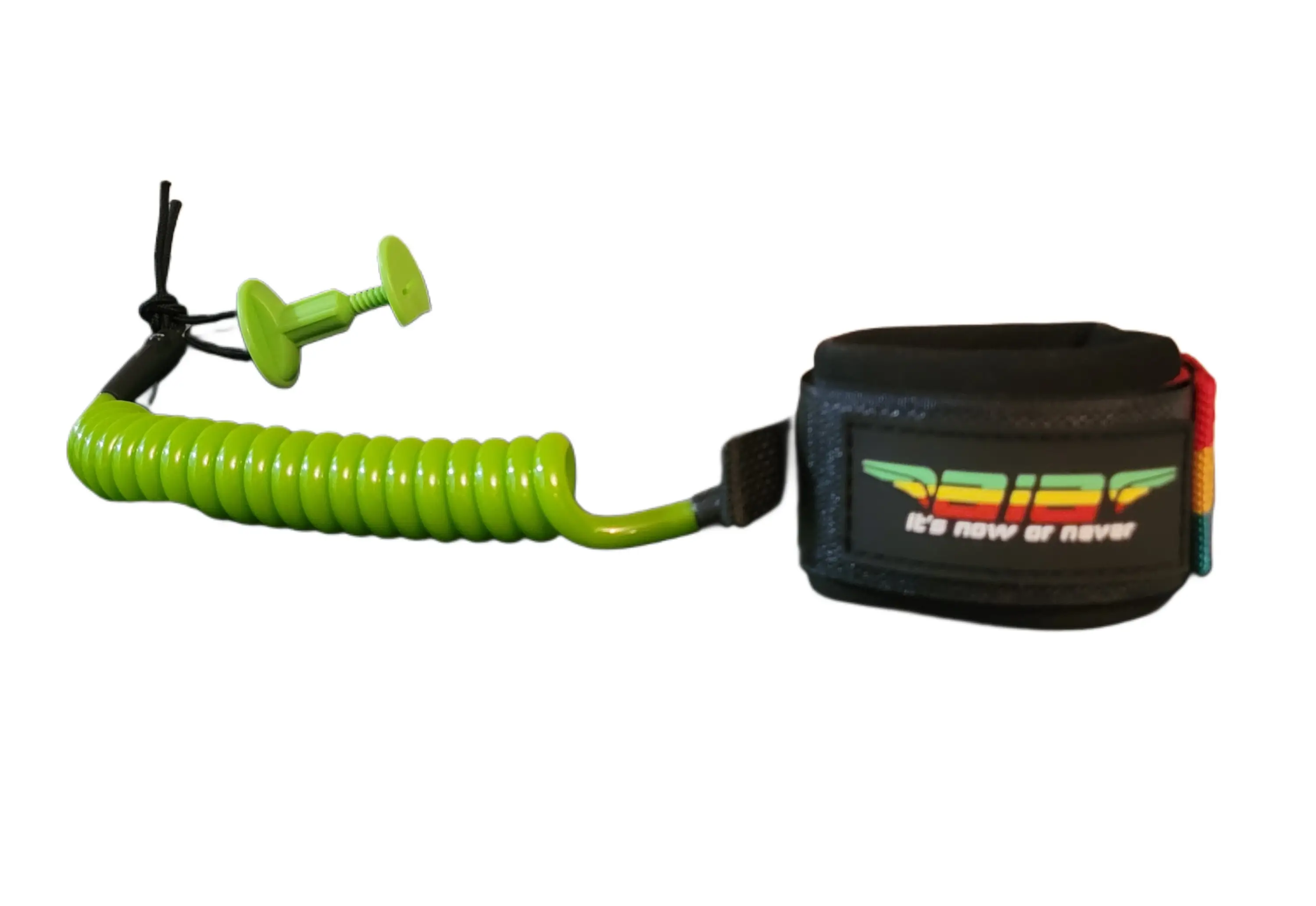 Green coiled surfboard leash with black ankle strap.