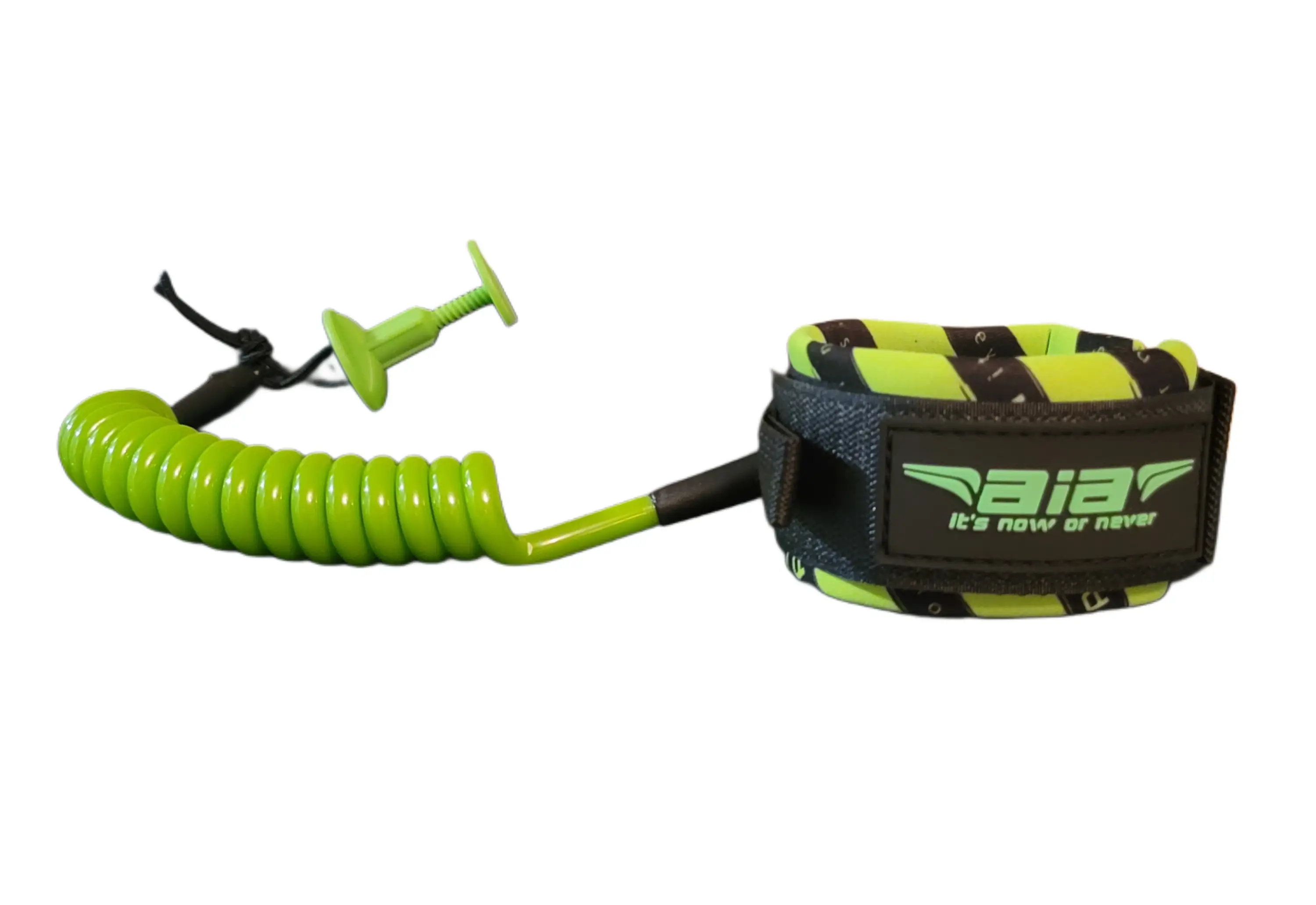 A green and black surfboard leash with a coiled cord.