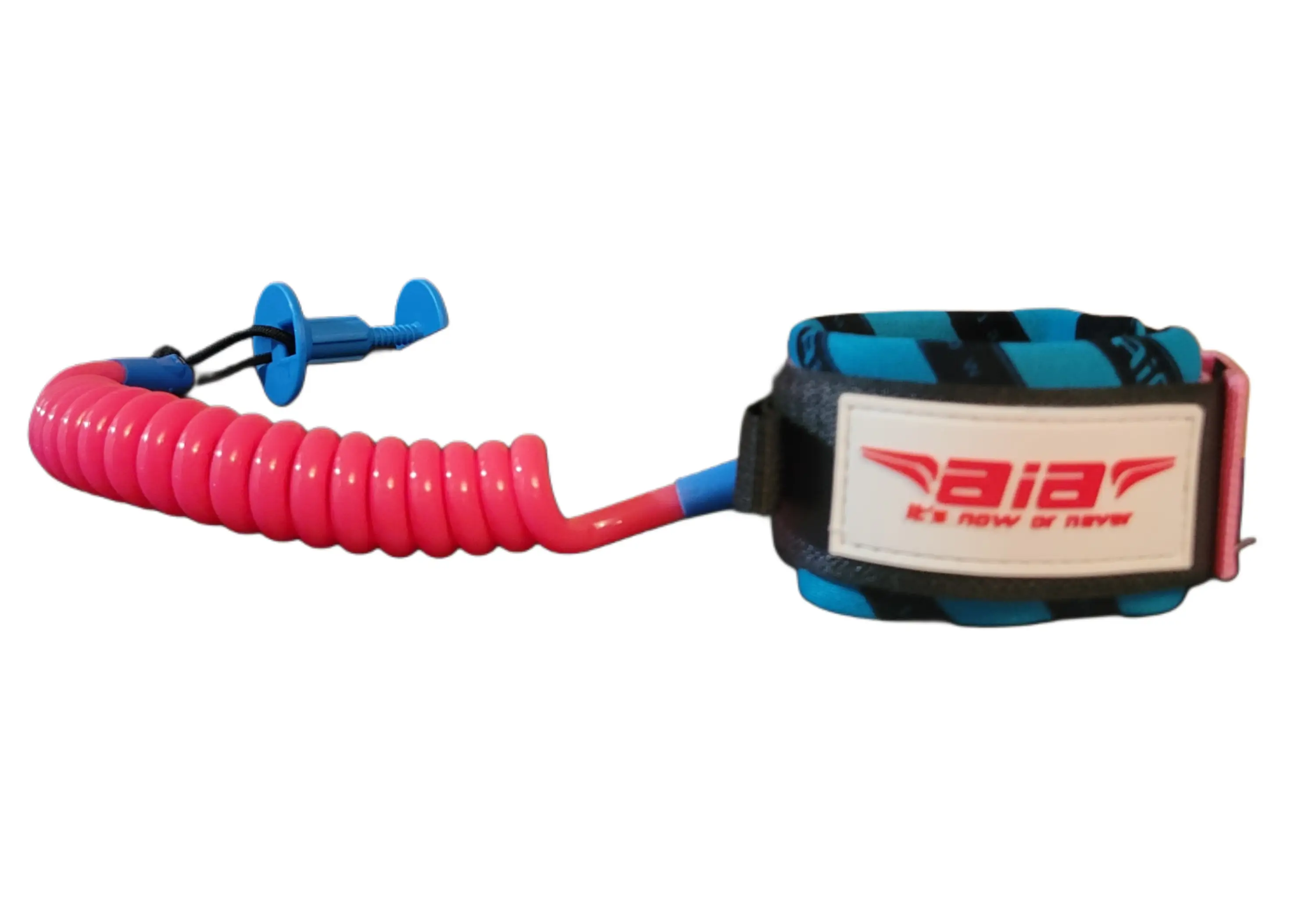 A blue and pink surfboard leash with a wrist strap.