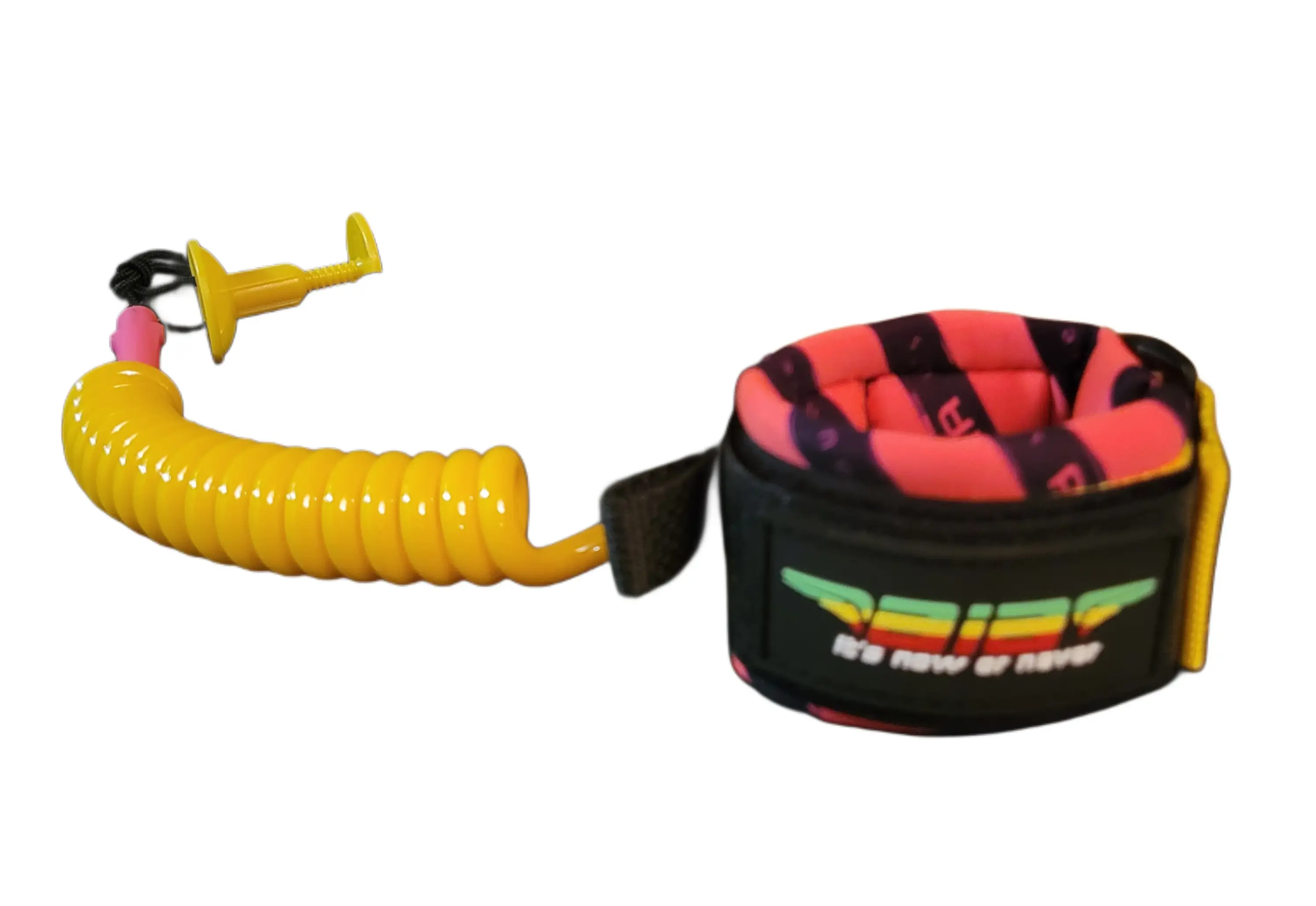 Yellow surfboard leash and ankle strap with colorful design.