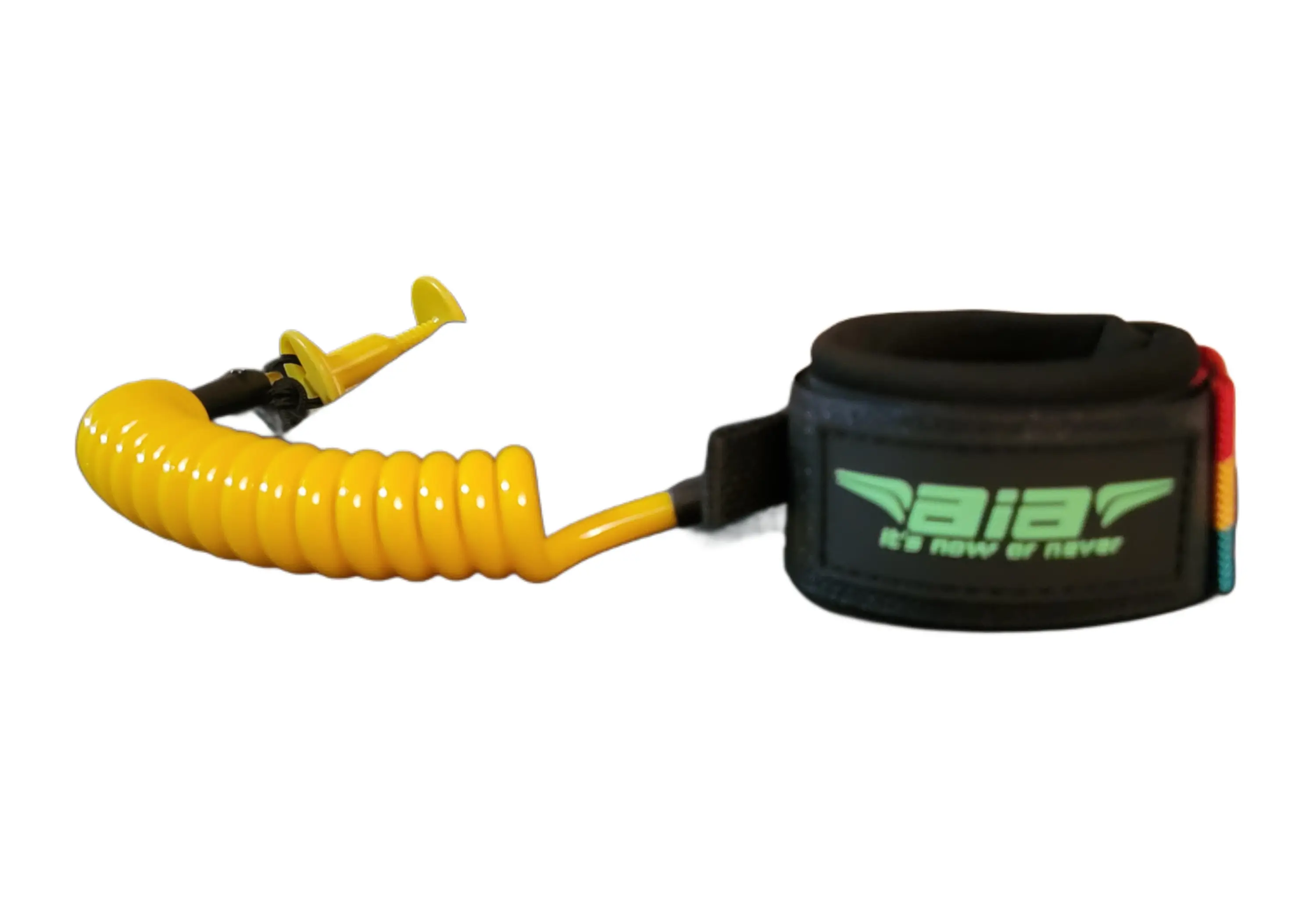 Black and yellow surfboard leash with coiled cord and ankle strap.