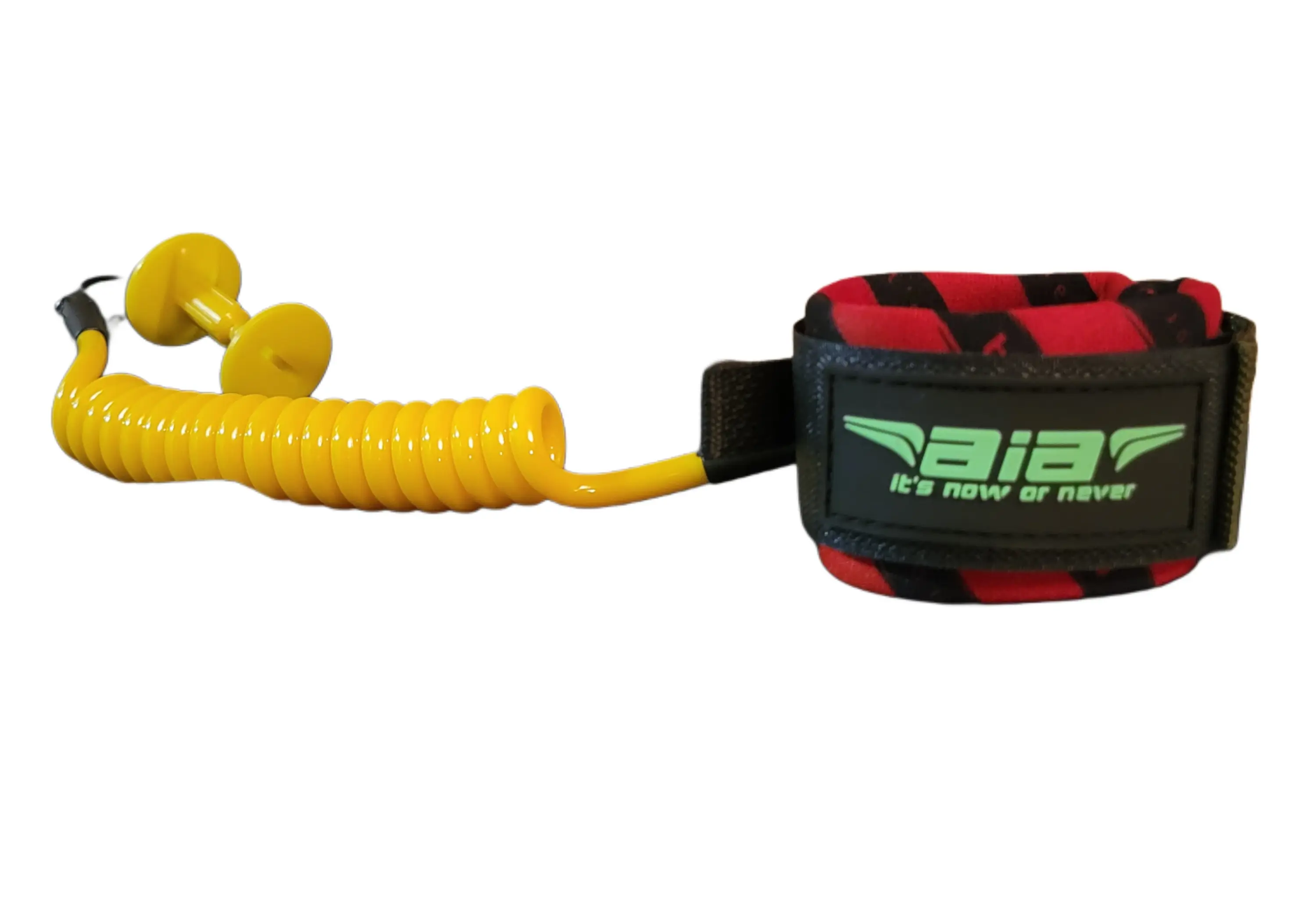 Red and black wrist leash with a yellow coiled cord.