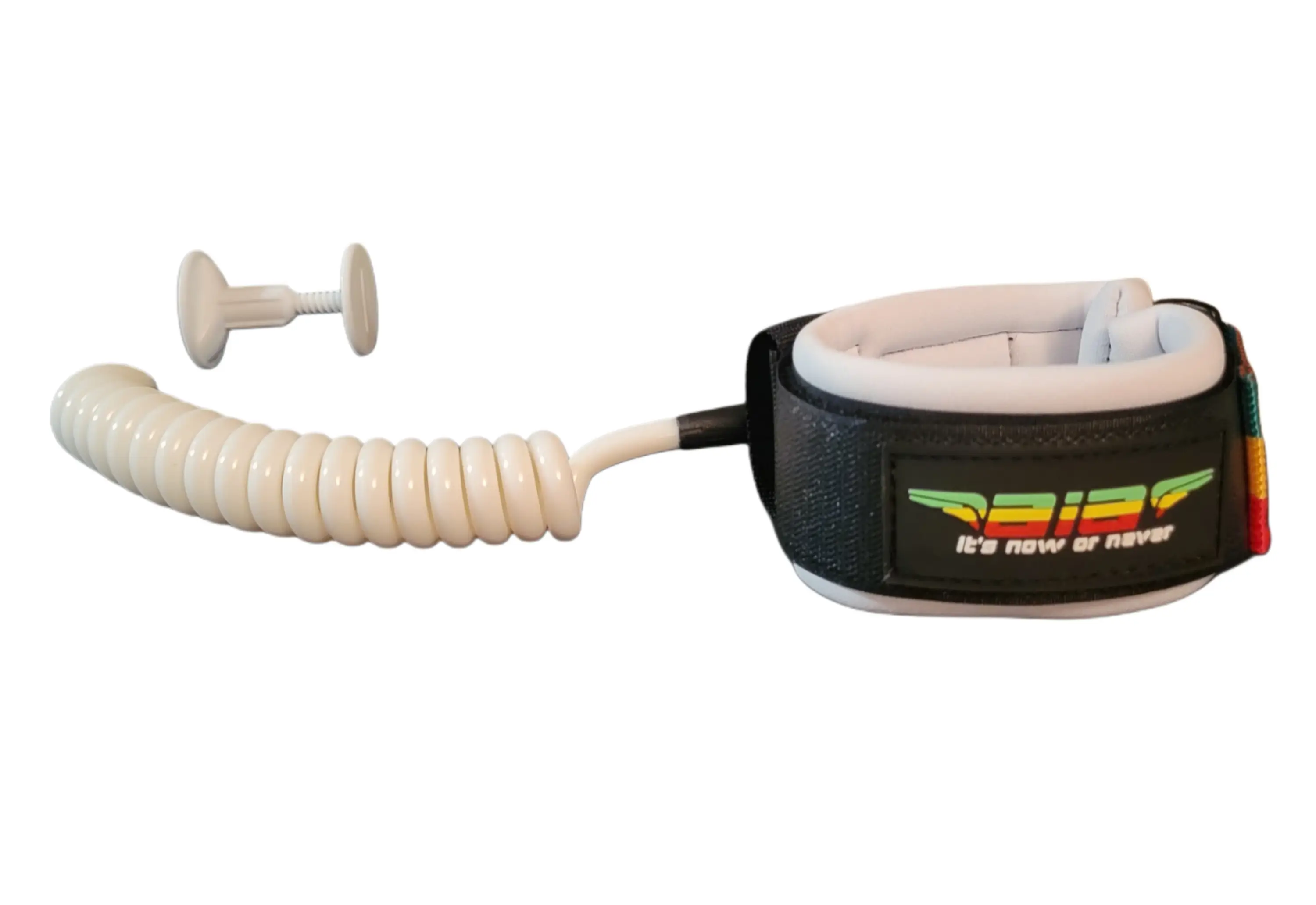 A coiled surfboard leash with a black ankle strap and white cord.