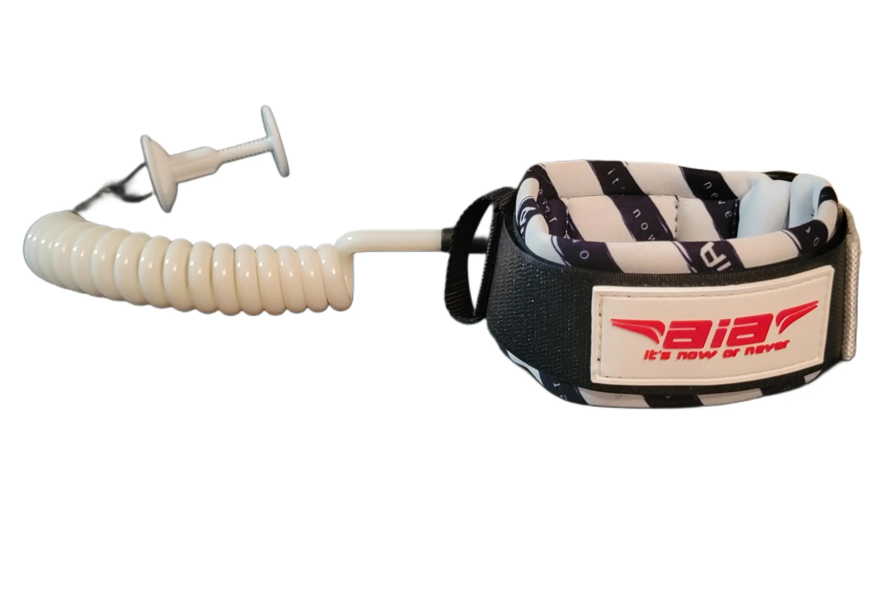 A black and white surfboard leash with a coiled cord and a pin.