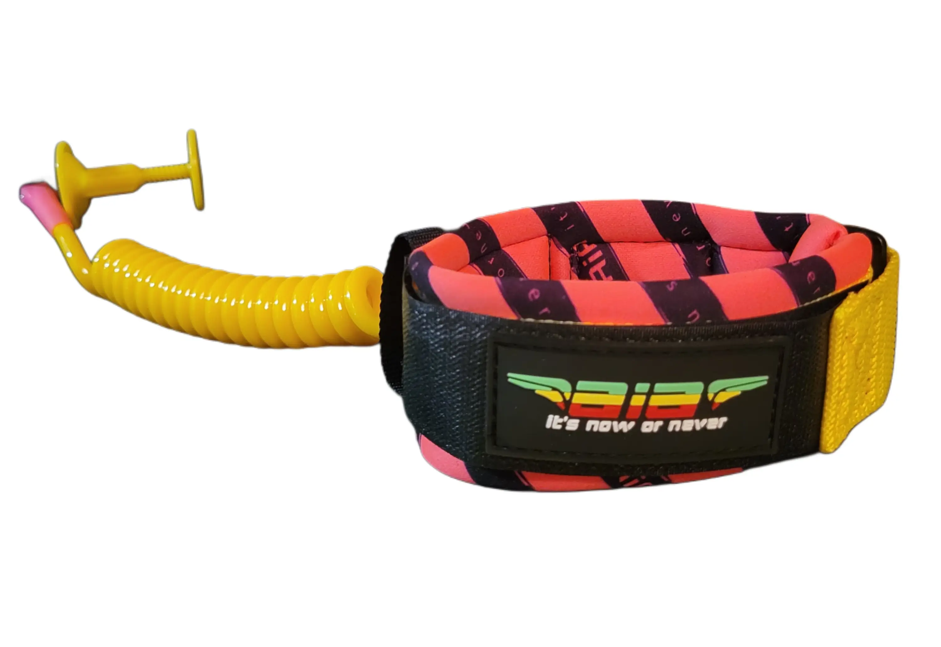 A red and black inflatable paddle board leash with a yellow coiled cord.