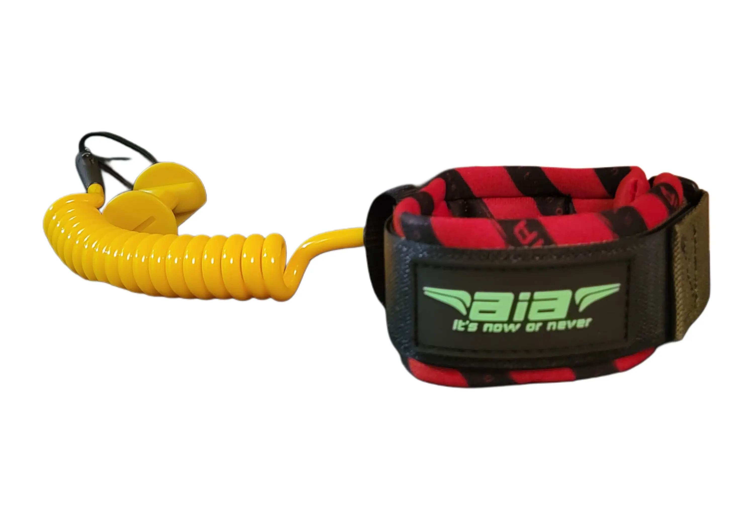 Yellow coiled safety leash with black and red wrist strap.