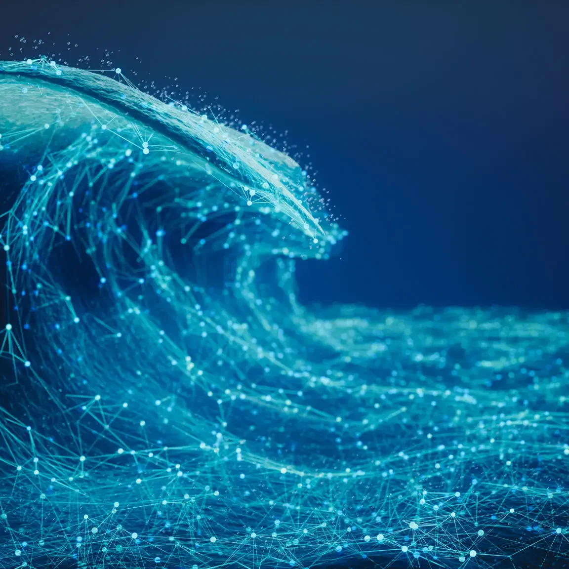 Digital wave made of glowing blue particles against a dark background.